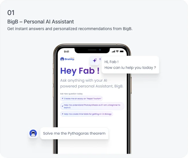Big-B chat screen with suggested questions, from a Braimy feature presentation