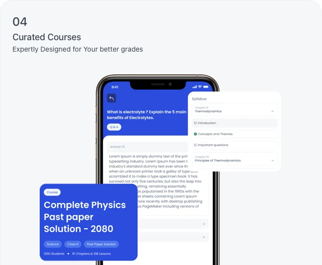 Course card, chapter syllabus, and a question-and-answer lesson