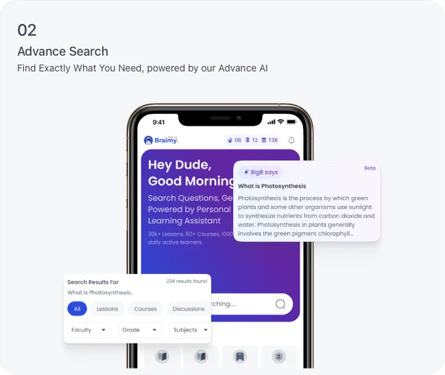 Search results with grade, faculty, and subject filters beside a Big-B answer