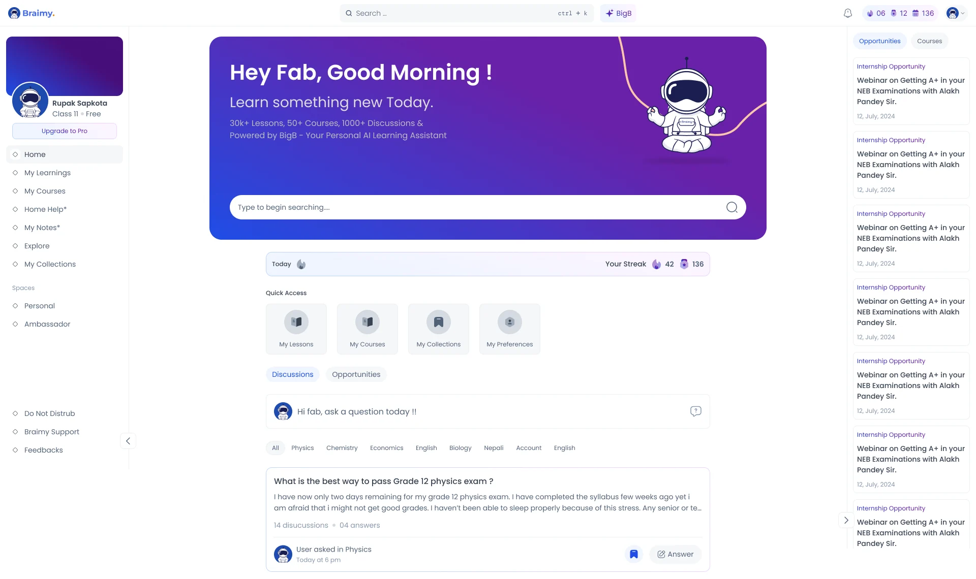 Braimy web app home with search, study streak, quick access, and community discussions