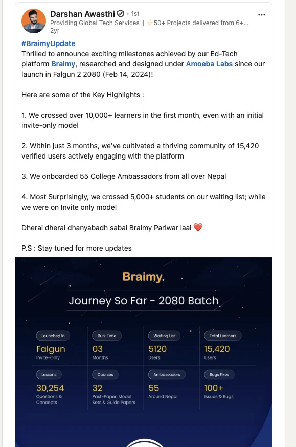 Braimy update post listing three-month milestones, including 15,420 verified users