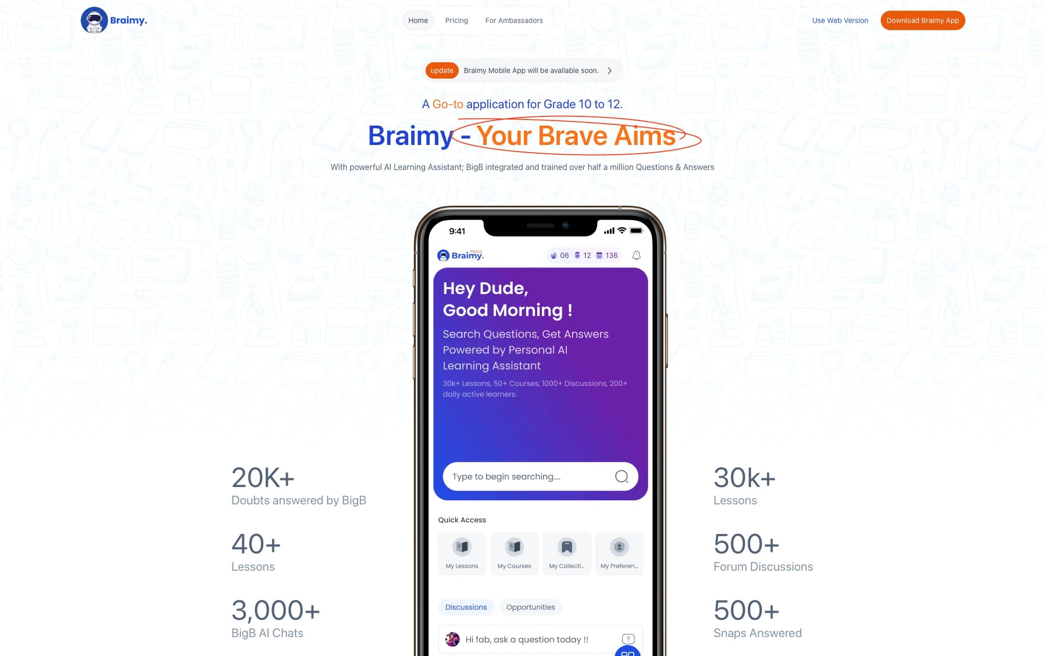 Braimy landing page introducing the platform for grades 10 to 12 and the Big-B assistant