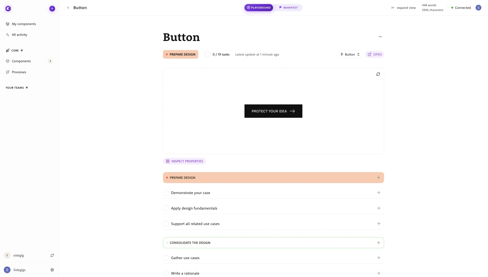 Playground with design preview, property inspection and phased tasks