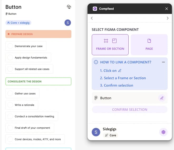 Figma contribution checklist and component-linking interface